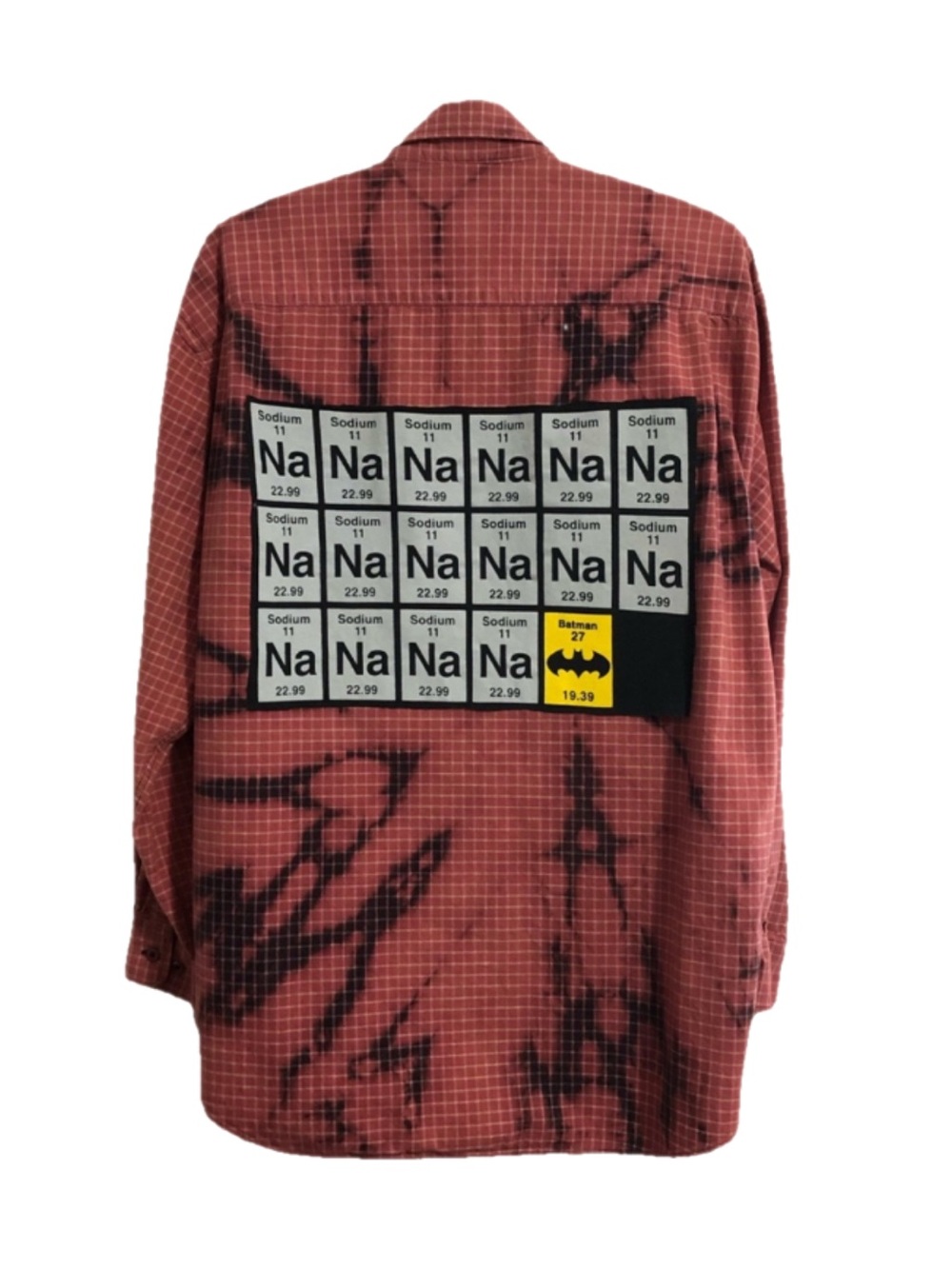 - Custom upcycled “Batman” chemistry themed check shirt. L